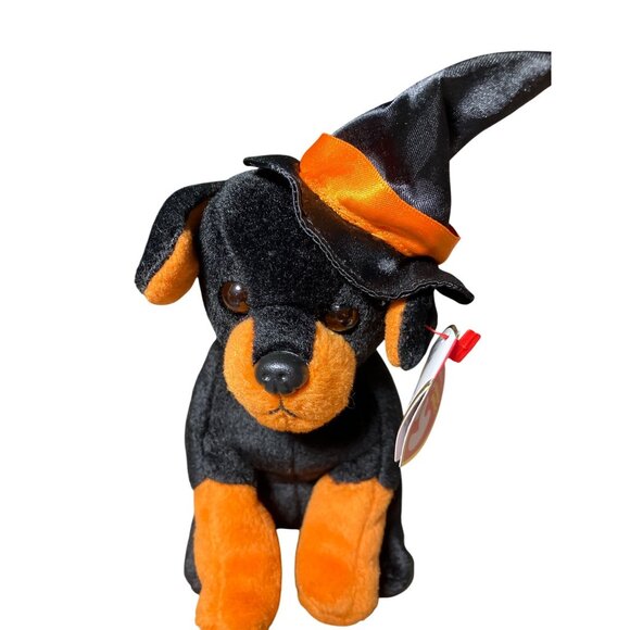 Ty Beanie Babies Alacazam Plush Dog Halloween Edition Black Orange w/ Witch Hat - Picture 2 of 12